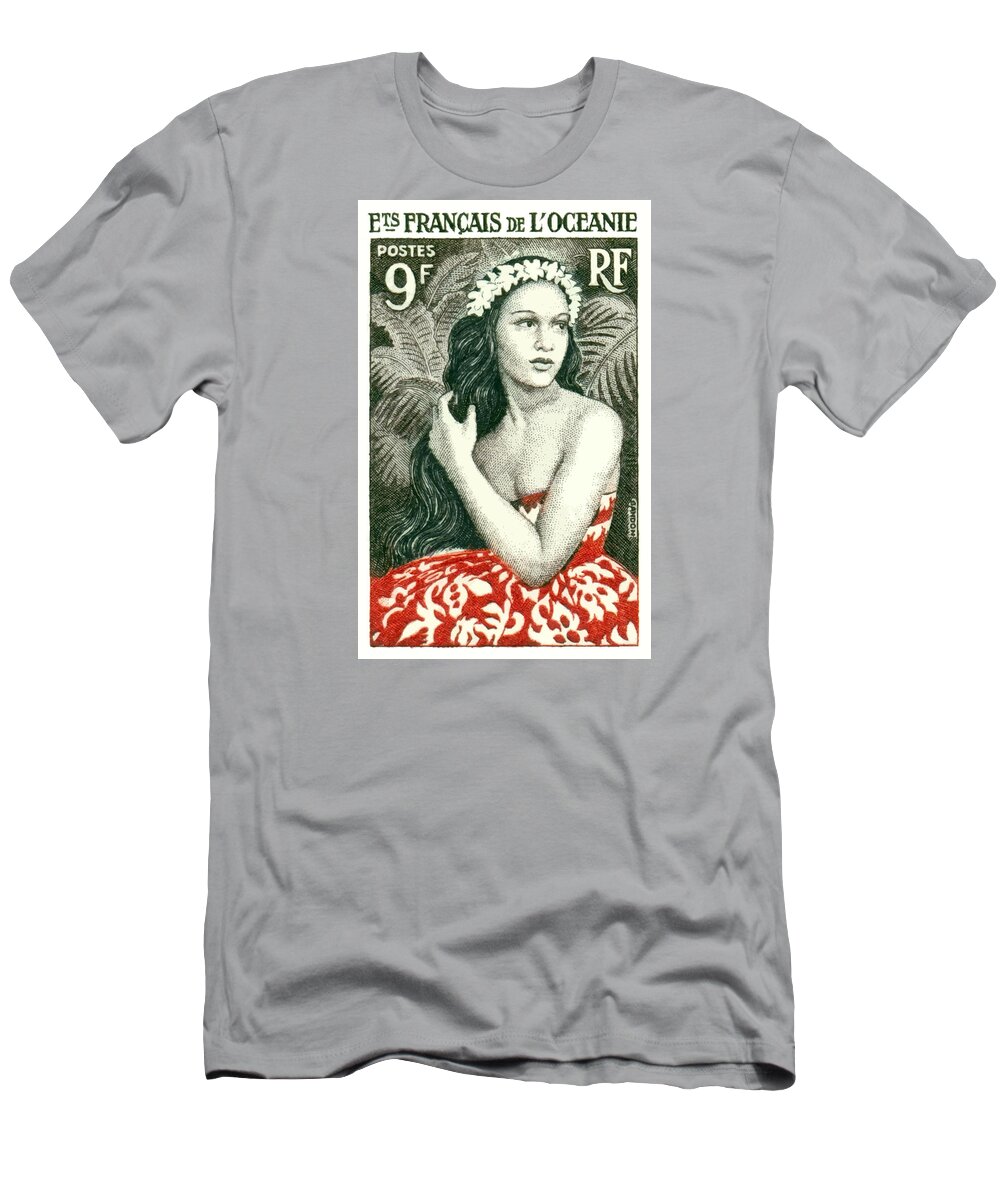 Polynesia T-Shirt featuring the digital art 1955 French Polynesia Girl of Bora Bora Postage Stamp by Retro Graphics
