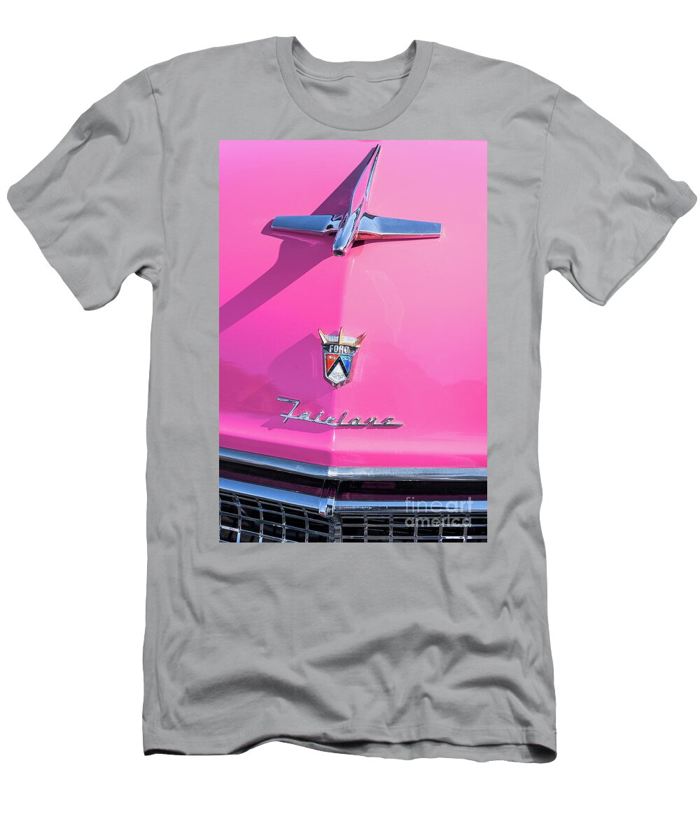 Ford Fairlane T-Shirt featuring the photograph 1955 Pink Ford Fairlane Hood Ornament by Aloha Art
