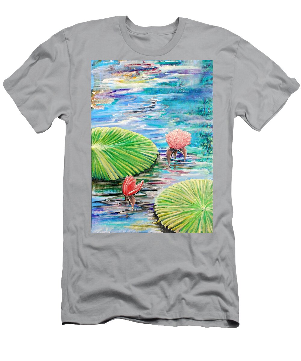 Pond Lilies Flower Colorful Beautiful Acrylic Mixed Media Oil Canvas Blue Green Water Pink Tortoise T-Shirt featuring the painting Lilies #3 by Medea Ioseliani