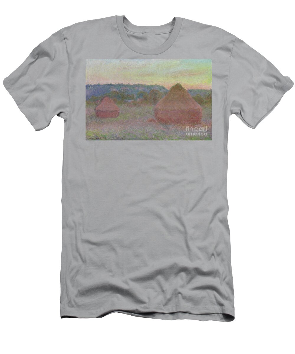 Monet T-Shirt featuring the painting Stacks of Wheat End of Day, Autumn by Claude Monet