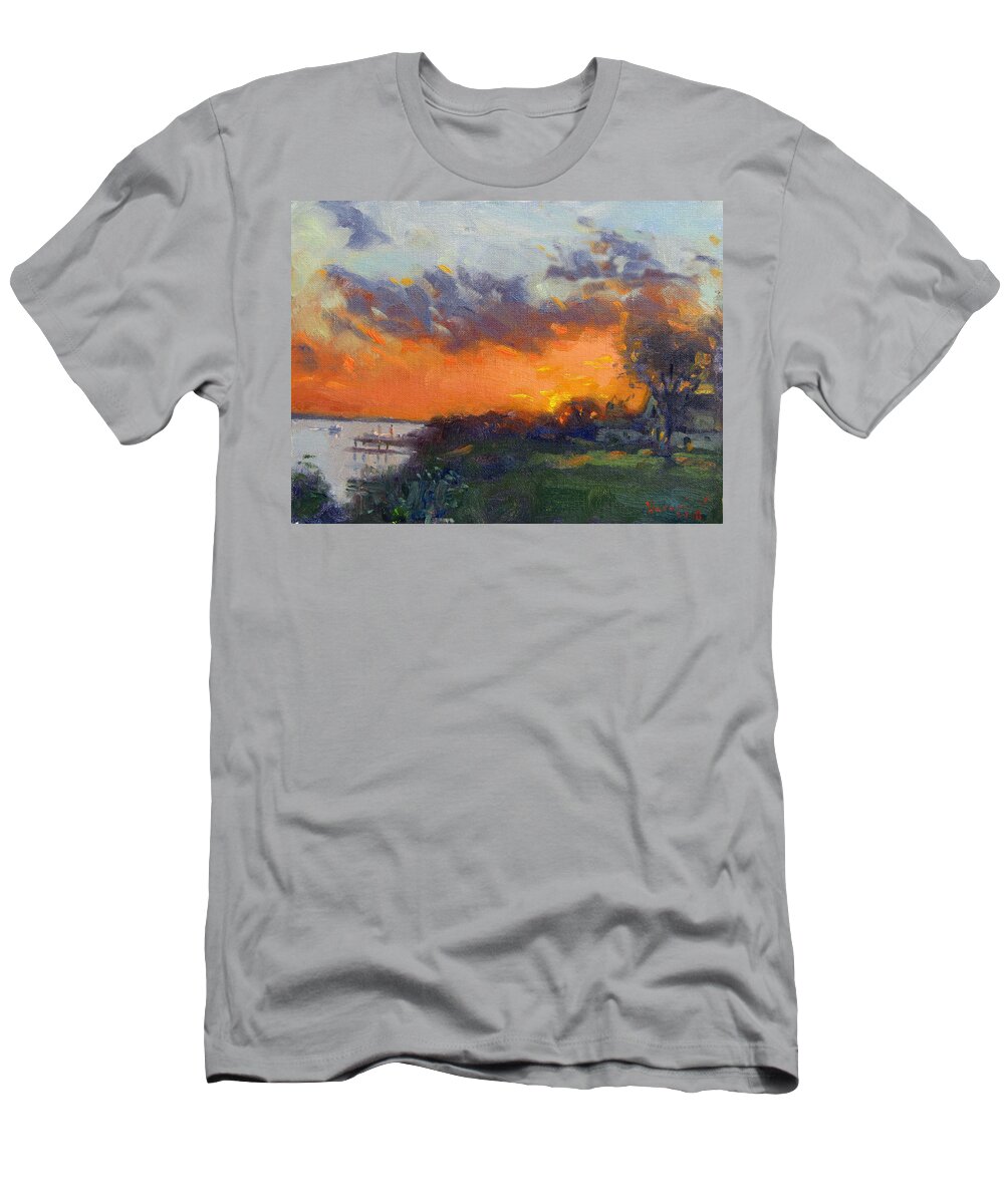 Sonset T-Shirt featuring the painting Sunset at Gratwick Waterfront Park #2 by Ylli Haruni