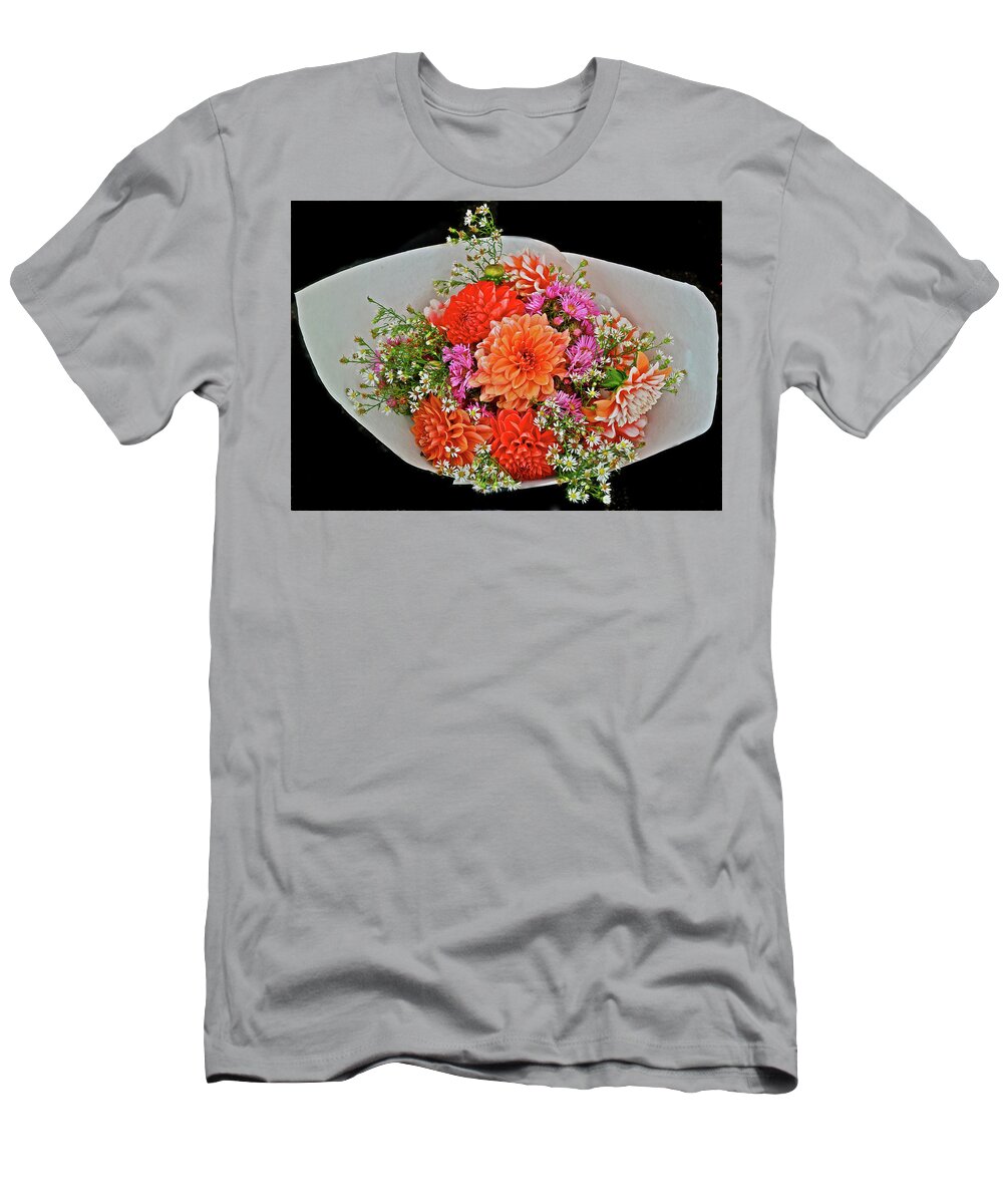 Dahlias T-Shirt featuring the photograph 2016 Monona Farmers' Market Early October Bouquet by Janis Senungetuk