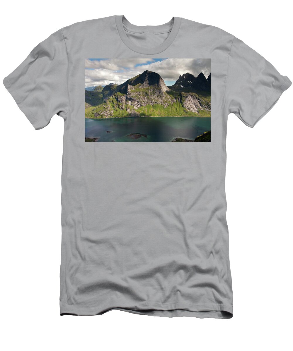 Kirkefjord T-Shirt featuring the photograph Segltinden and Kirkefjord from Brunakseltind #1 by Aivar Mikko