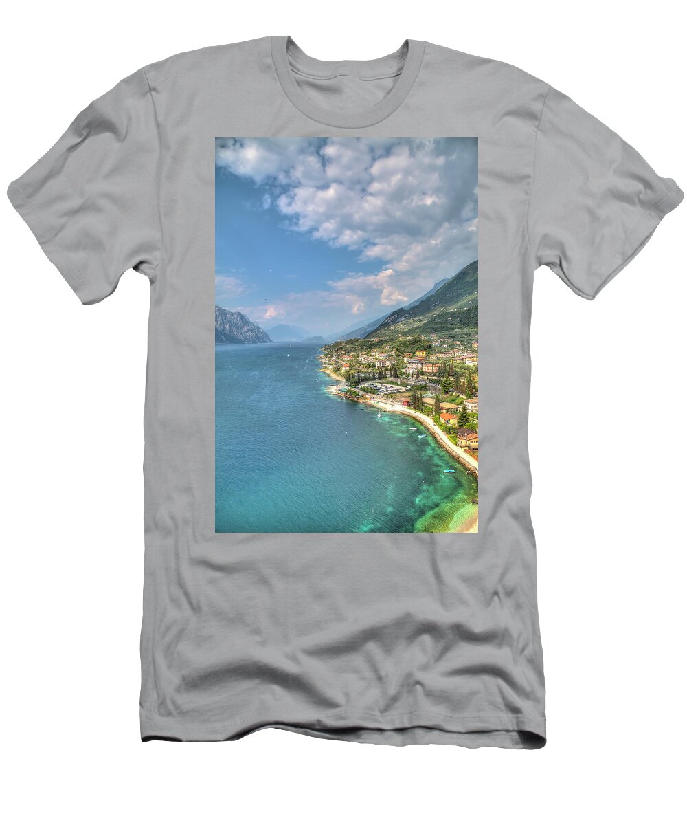 Architecture T-Shirt featuring the photograph view over the Lake Garda with the charming village Malcesine #3 by Gina Koch