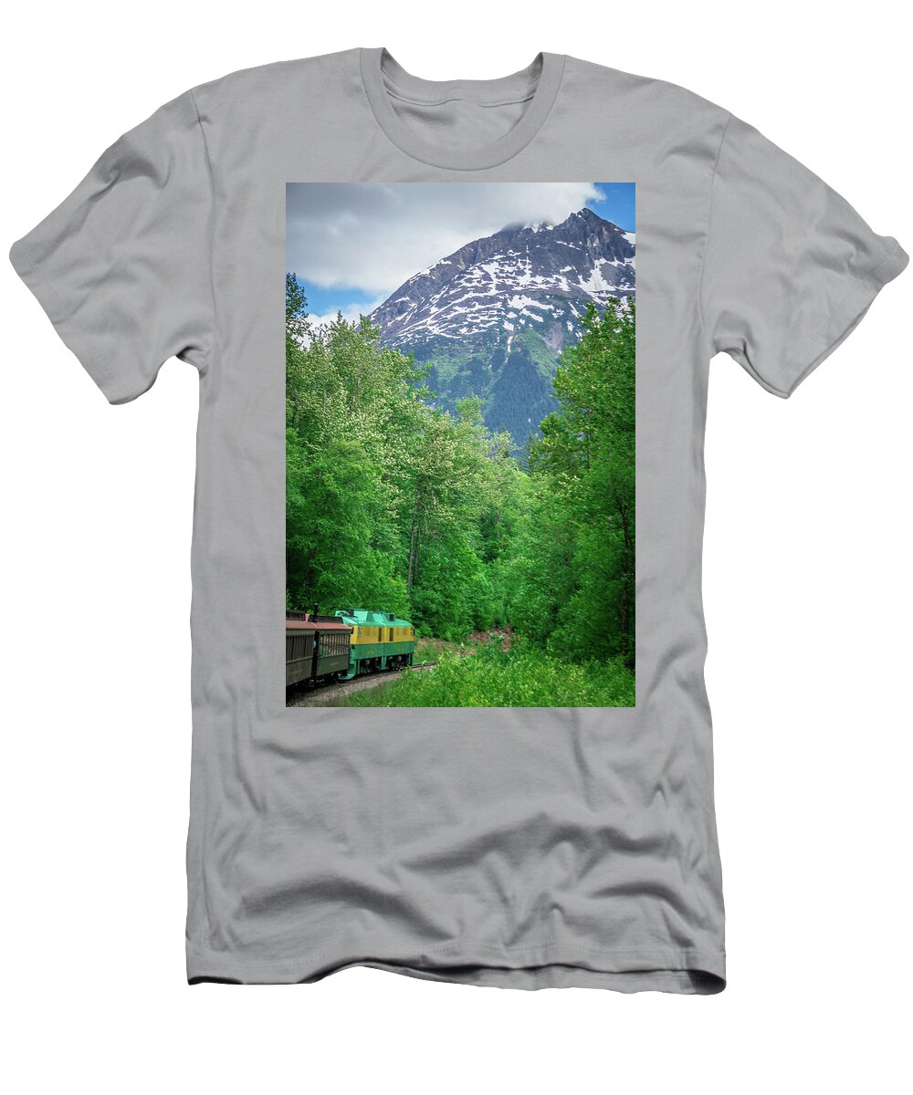 White T-Shirt featuring the photograph Scenic train from Skagway to White Pass Alaska #4 by Alex Grichenko
