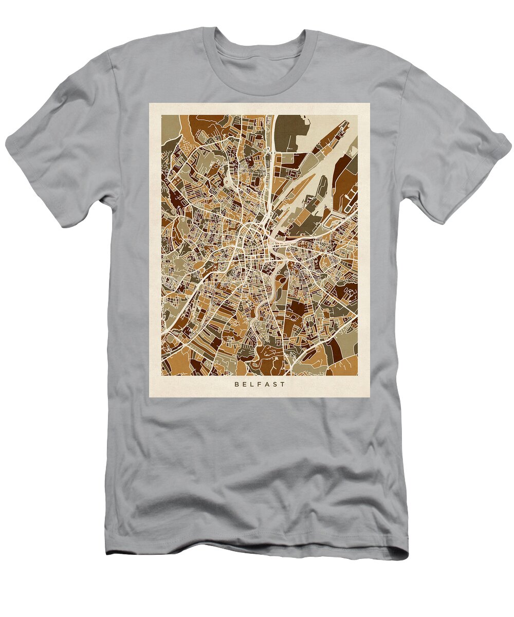 Belfast T-Shirt featuring the digital art Belfast Northern Ireland City Map #6 by Michael Tompsett