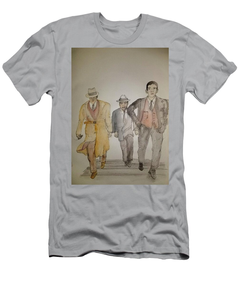 Lucky Luciani. Arrest. Mafia T-Shirt featuring the painting Italians Ellis island prohibition album #8 by Debbi Saccomanno Chan