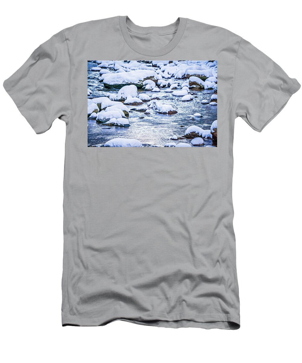 Winter T-Shirt featuring the photograph Snow And Ice Covered Mountain Stream #9 by Alex Grichenko