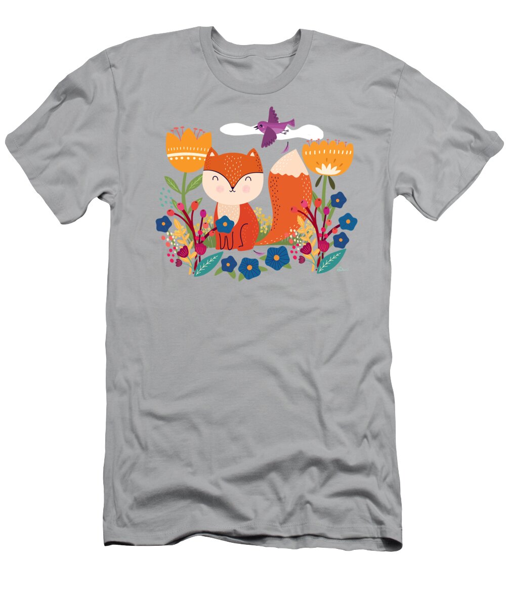 Painting T-Shirt featuring the painting A Fox In The Flowers With A Flying Feathered Friend by Little Bunny Sunshine