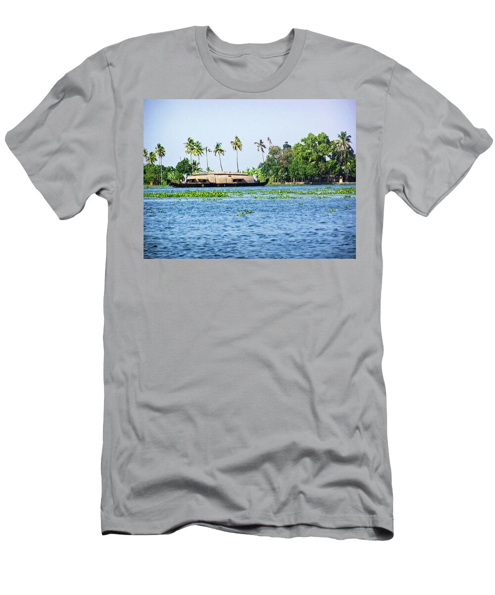 Backwater T-Shirt featuring the photograph A houseboat on its quiet sojourn through the backwaters of Allep by Ashish Agarwal
