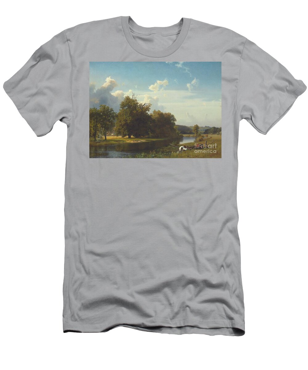 Landscape; Romantic; Romanticist; German; Germany; Westphalia; Westphalian; River; Riverscape; Landscape; Rural; Countryside; Scenic; Picturesque; Atmospheric; Riverbank; Boat; Calm; Peaceful; Atmospheric; Warm; Sunny; Blue Sky T-Shirt featuring the painting A river landscape Westphalia by Albert Bierstadt