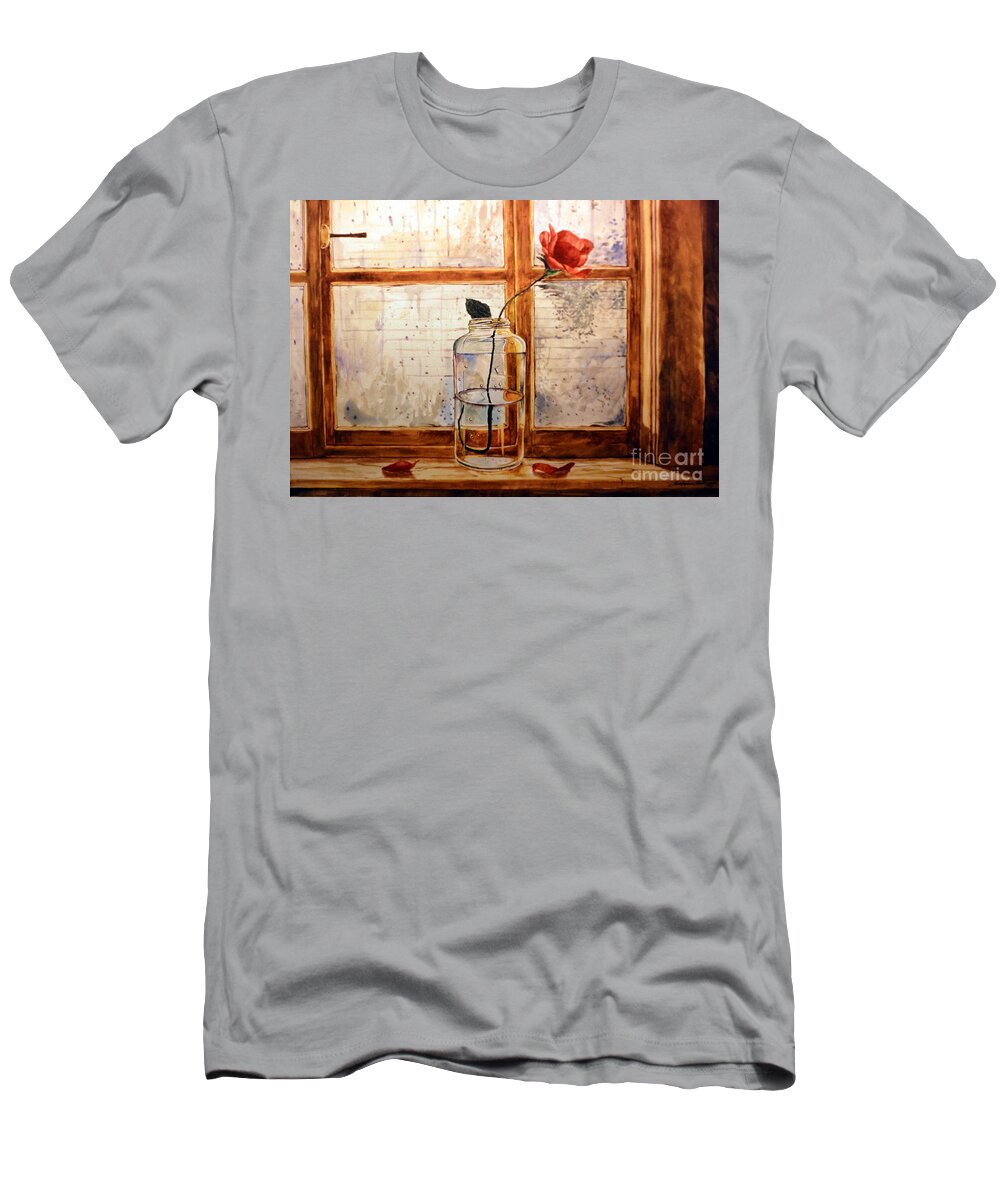 Rose T-Shirt featuring the painting A rose in a glass jar on a rainy day by Christopher Shellhammer