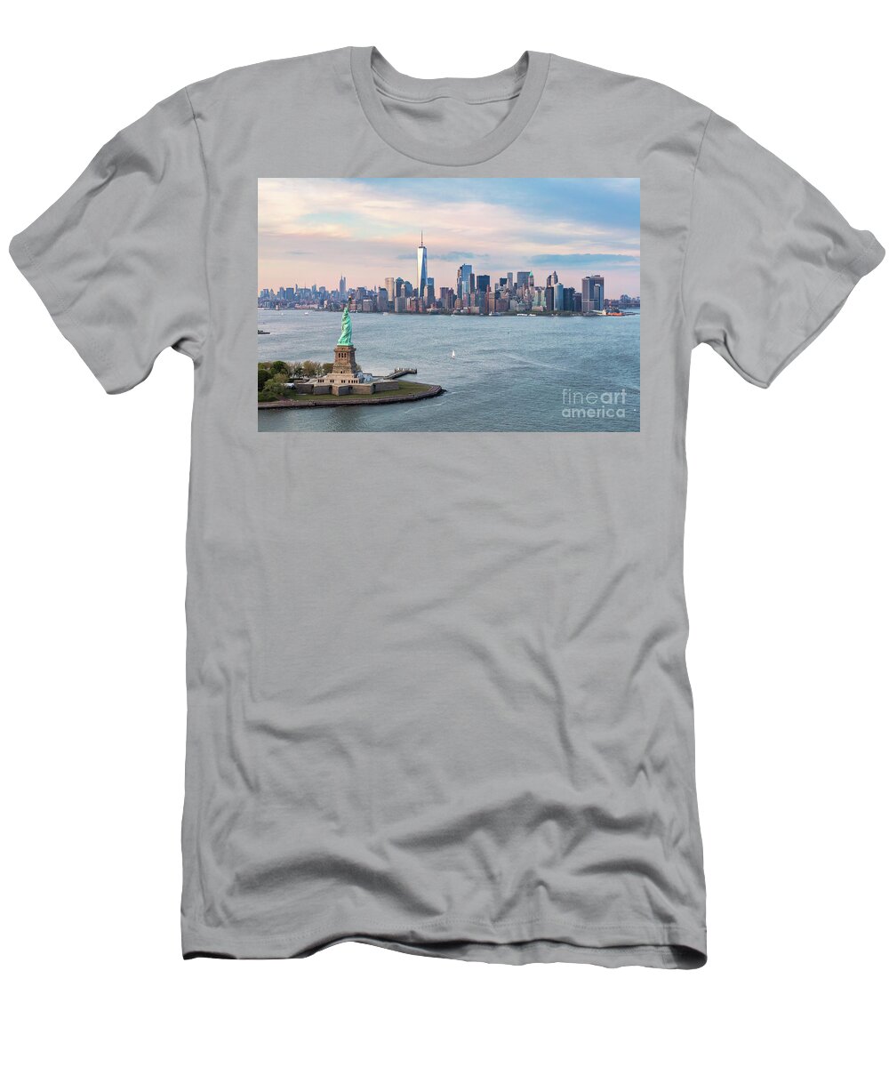 Architecture T-Shirt featuring the photograph Aerial of the Statue of Liberty and Manhattan skyline, New York, by Matteo Colombo