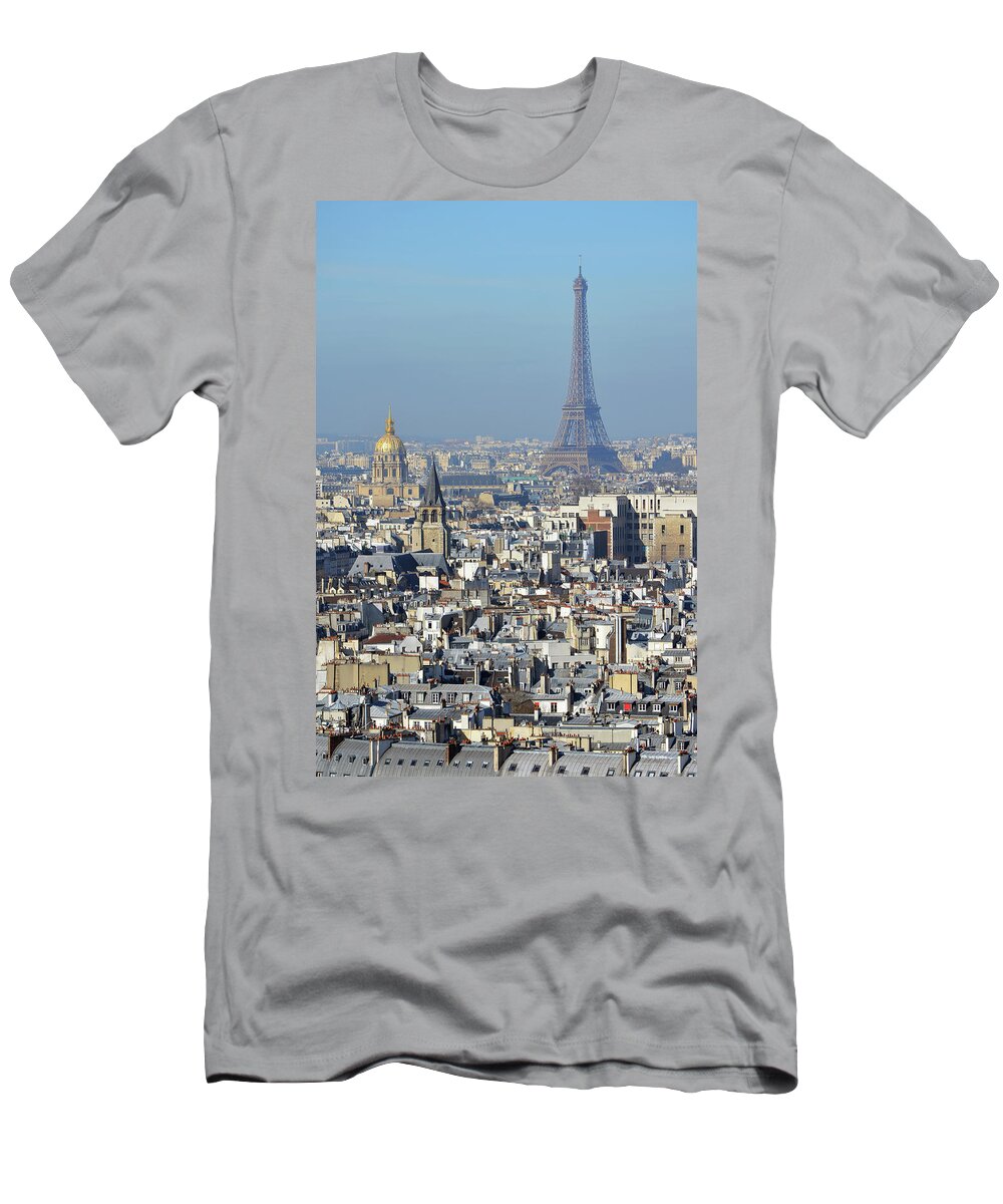 Travelpixpro T-Shirt featuring the photograph Aerial View of Paris France Rooftops with Les Invalides Dome and Eiffel Tower by Shawn O'Brien