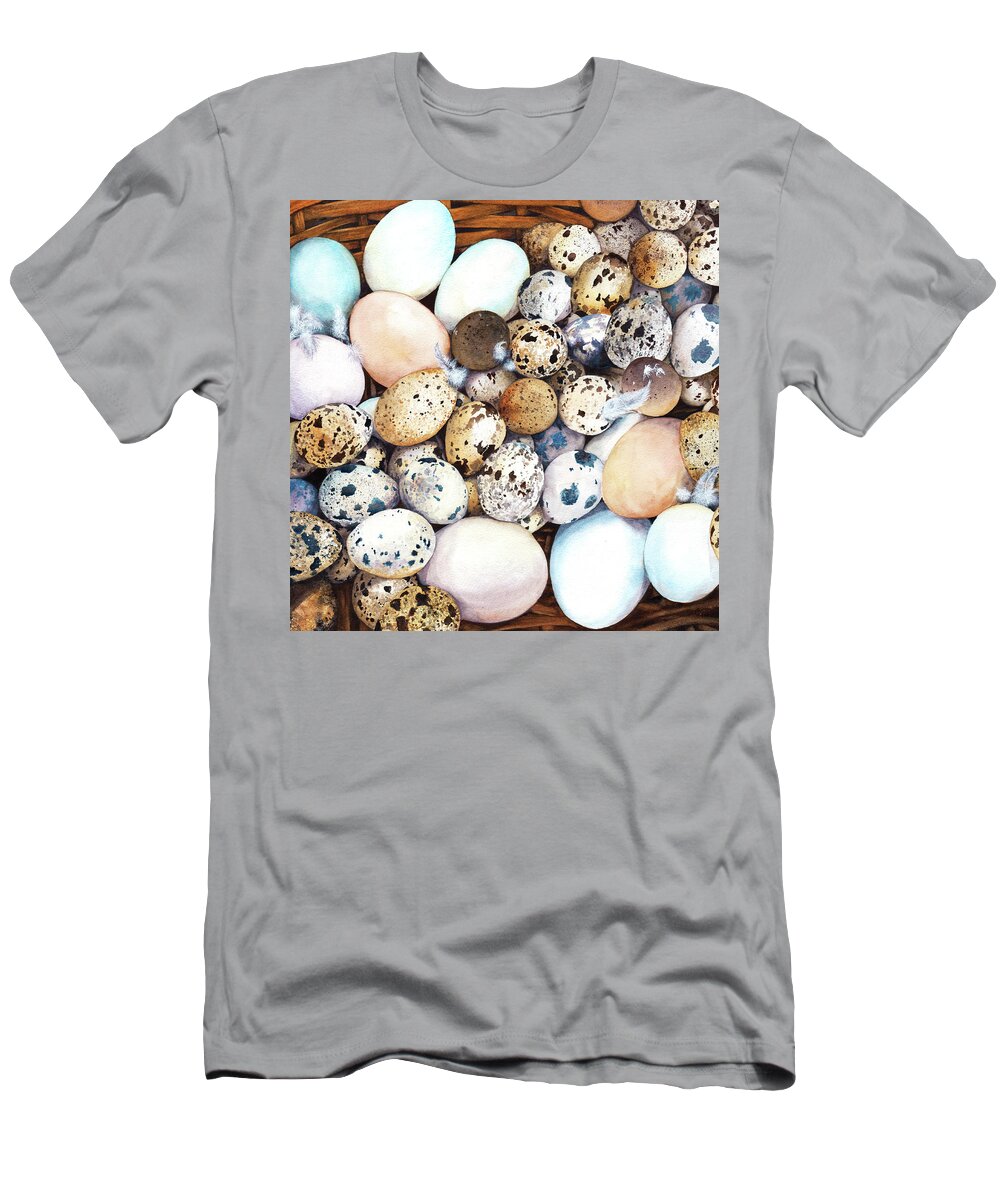 Eggs T-Shirt featuring the painting All My Eggs In One Basket birds egg print by Peter Williams