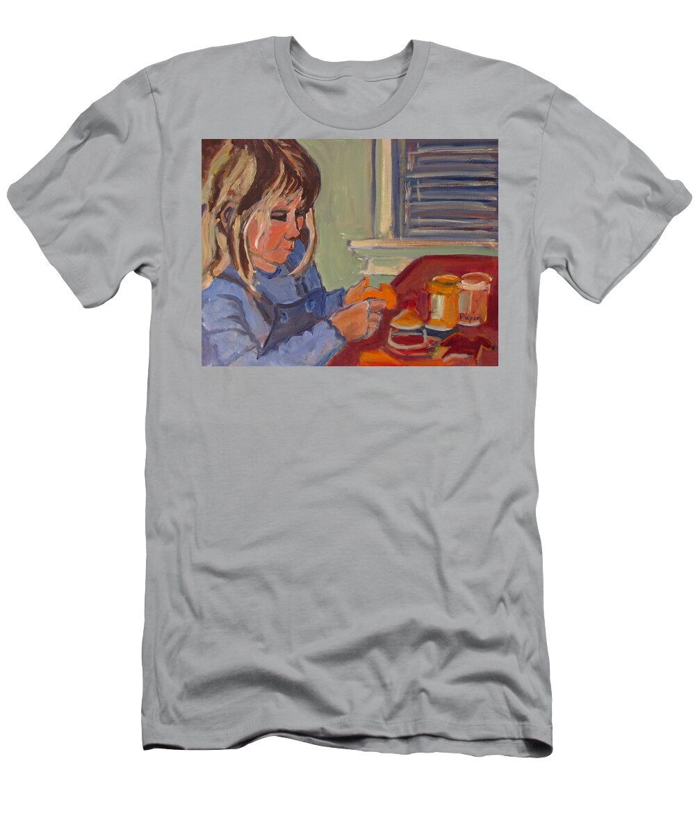 Child With Play Dough T-Shirt featuring the painting Allie and Play Dough by Betty Pieper