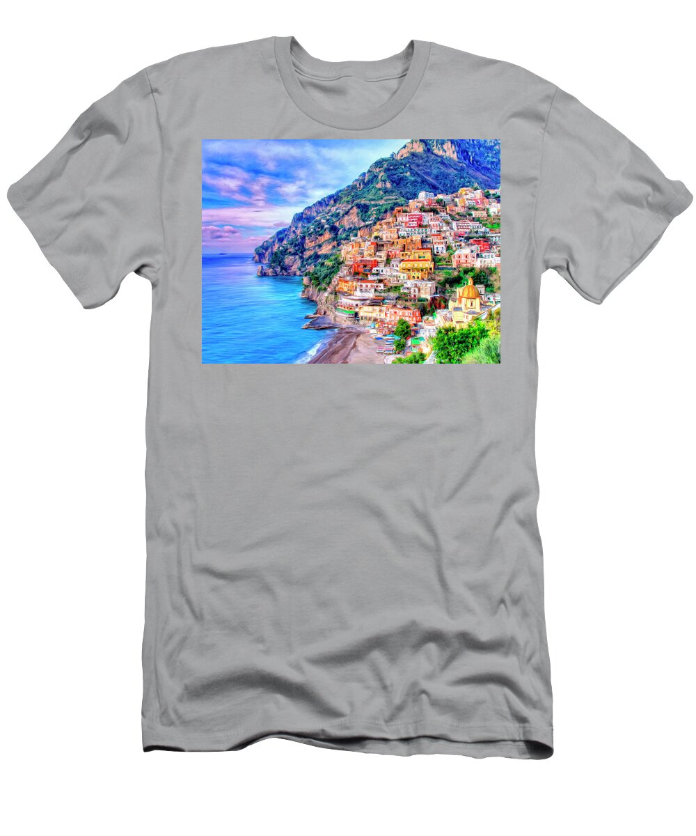 Amalfi Coast T-Shirt featuring the painting Amalfi Coast at Positano by Dominic Piperata