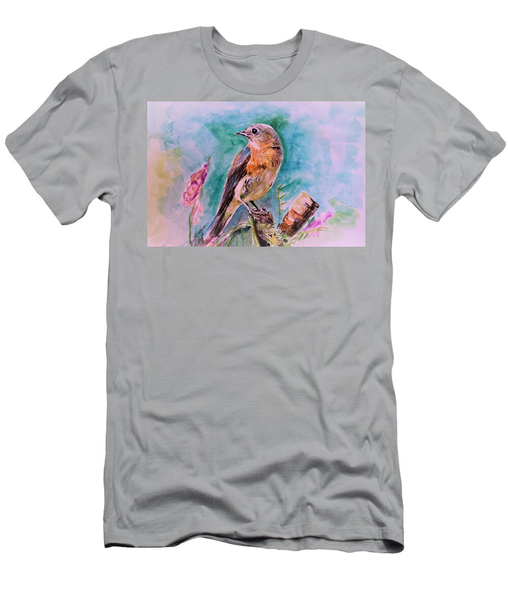 Bird T-Shirt featuring the painting American blue bird by Khalid Saeed