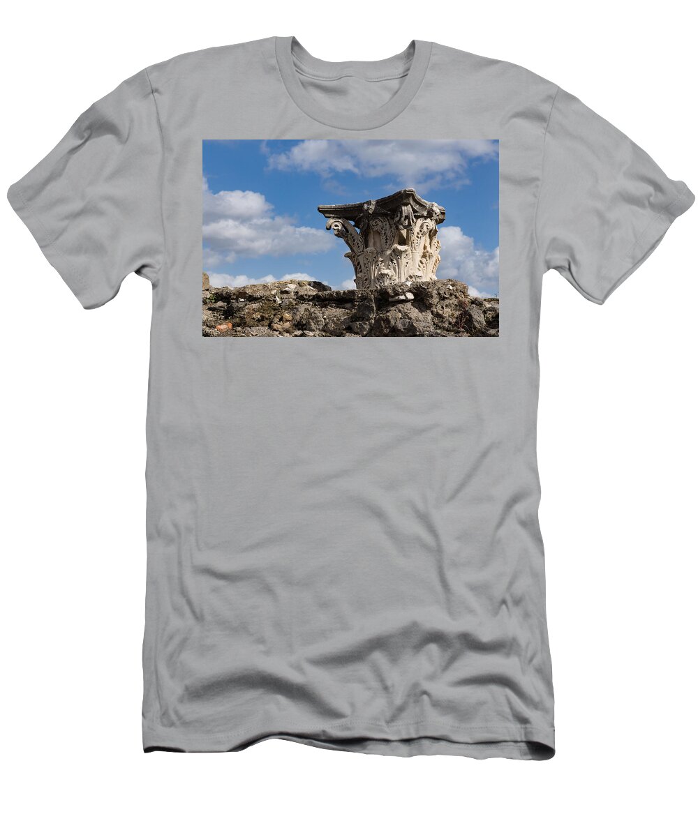 Georgia Mizuleva T-Shirt featuring the photograph Ancient Pompeii Broken Treasures - Classical Corinthian Column Capital Right by Georgia Mizuleva
