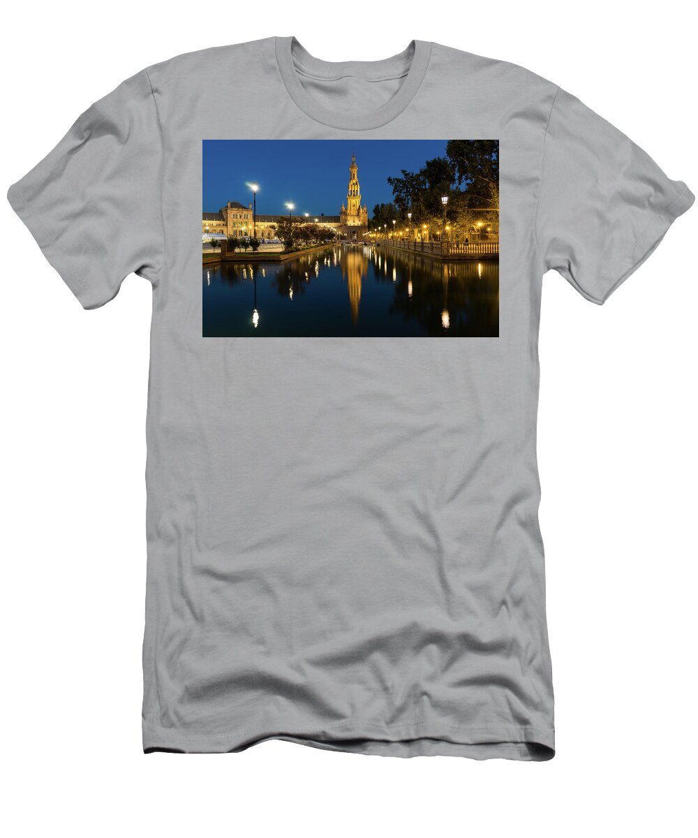 Georgia Mizuleva T-Shirt featuring the photograph Andalusian Night Magic - Soft Reflections at Plaza de Espana in Seville Spain by Georgia Mizuleva