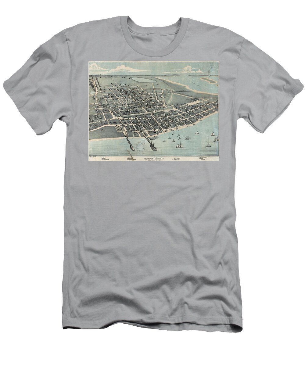 Antique Birds Eye View Map Of Corpus Christi T-Shirt featuring the drawing Antique Maps - Old Cartographic maps - Antique Birds Eye View Map Of Corpus Christi, Texas, 1887 by Studio Grafiikka