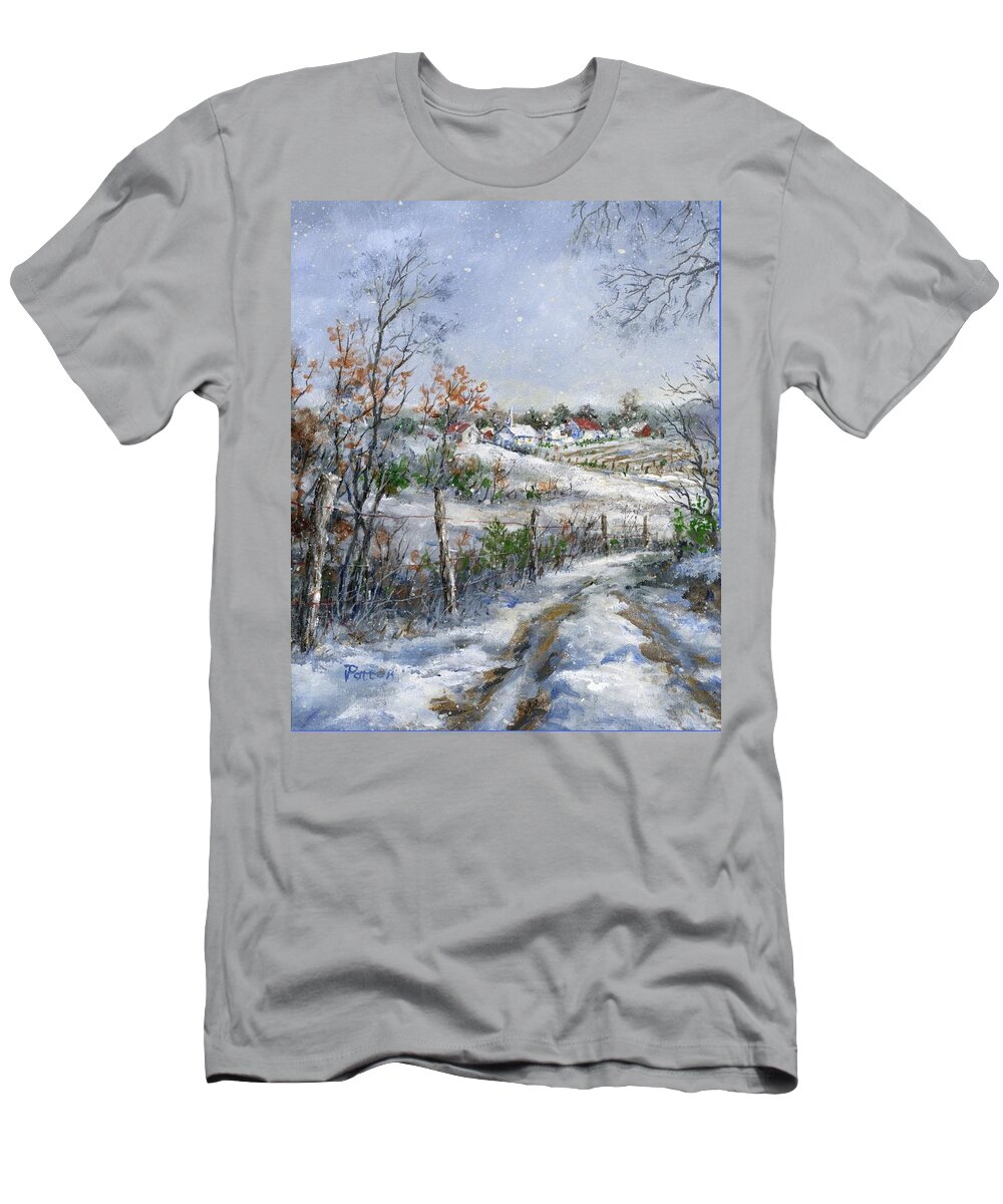 Snowfall T-Shirt featuring the painting Around the Bend SOLD by Virginia Potter