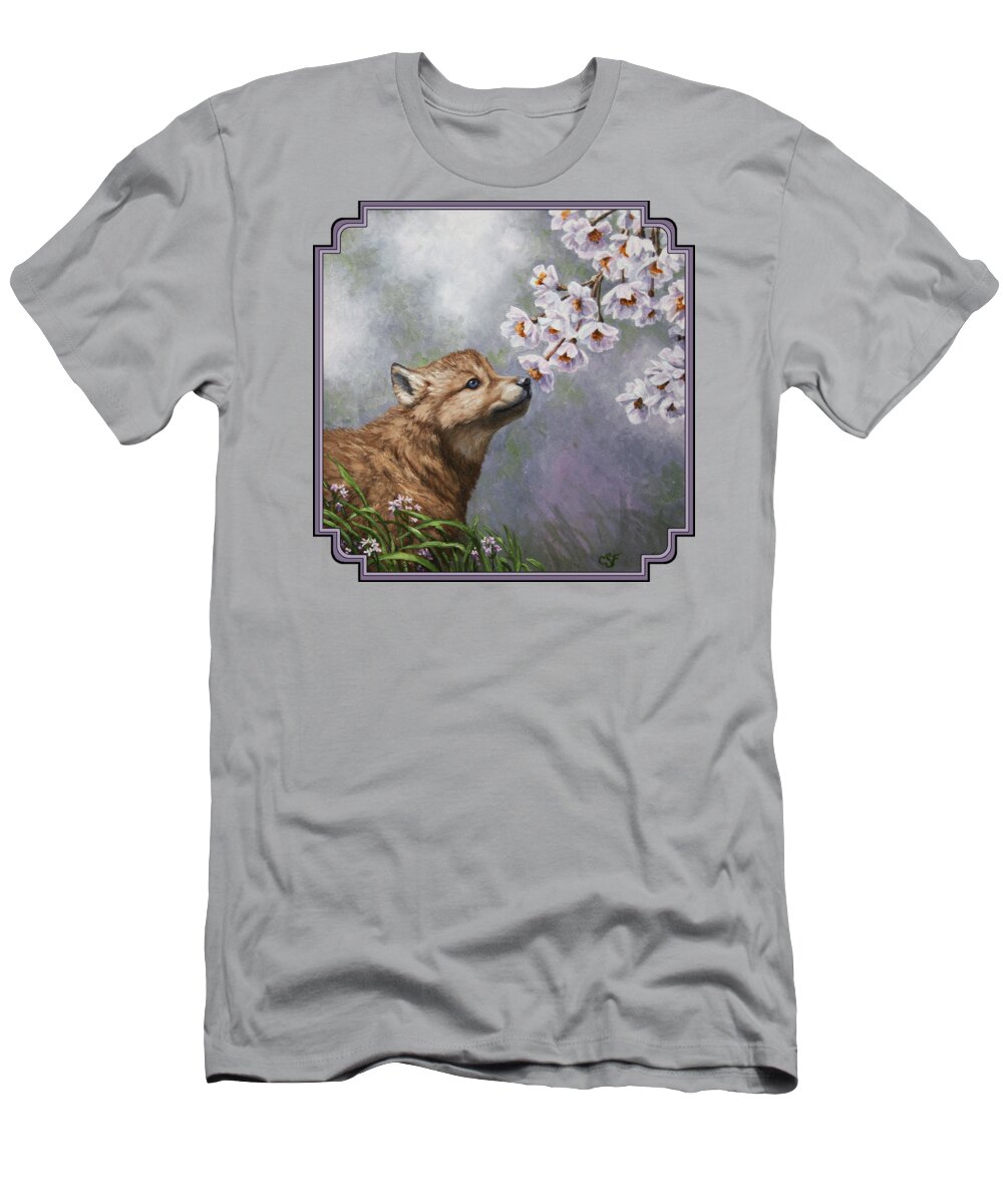 Wolf T-Shirt featuring the painting Wolf Pup - Baby Blossoms by Crista Forest