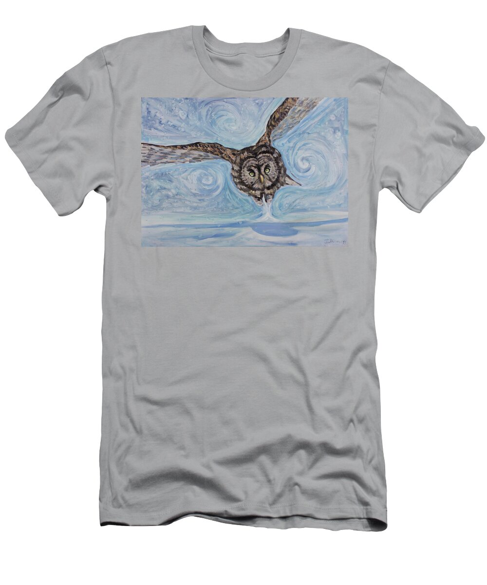 Owl Flight Bird Aerodynamic Snow Air Winter White Sky Chase Snowflake Prey Raptor Wing T-Shirt featuring the painting Attack Form The Sky by Marco Busoni