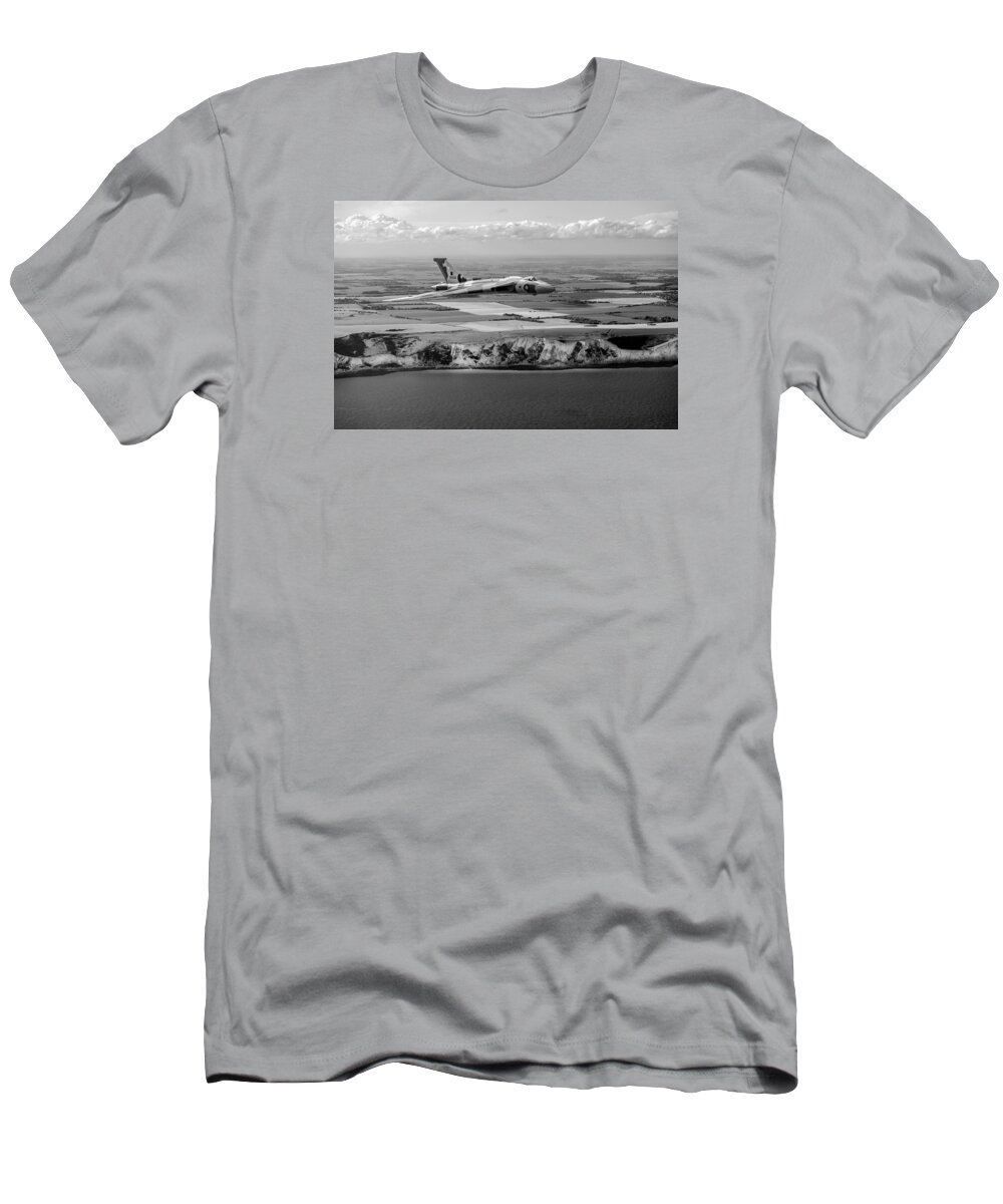 Avro Vulcan T-Shirt featuring the photograph Avro Vulcan over the white cliffs of Dover black and white versi by Gary Eason