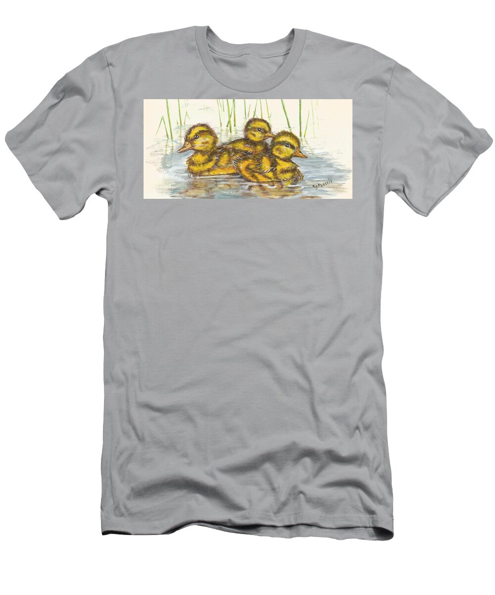 Baby Ducks T-Shirt featuring the painting Baby Ducks for Ma by Sheri Jo Posselt