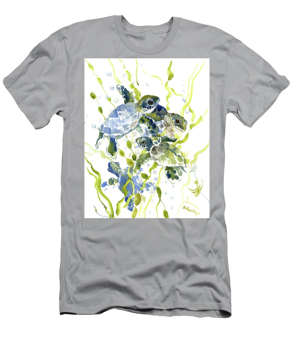 Sea Turtle Art T-Shirt featuring the painting Baby Sea Turtles in the Sea by Suren Nersisyan