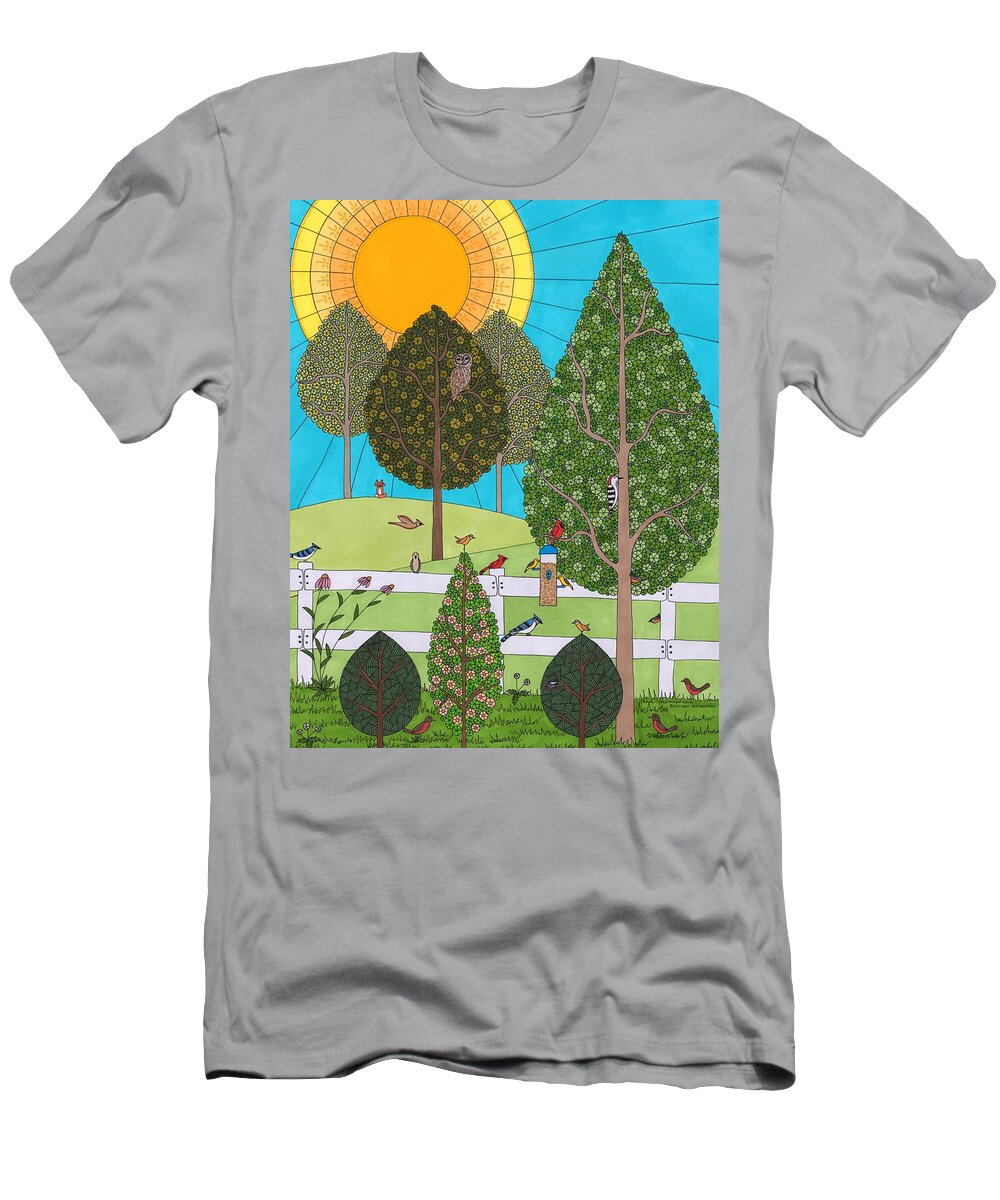 Birds T-Shirt featuring the drawing Backyard Gathering by Pamela Schiermeyer