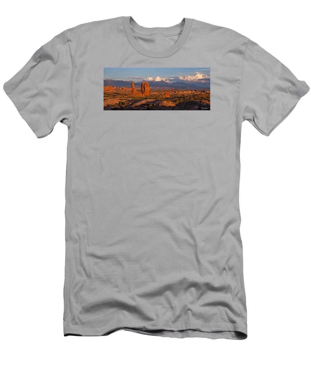 Arches National Park T-Shirt featuring the photograph Balanced Rock and Summer Clouds at Sunset by Dan Norris