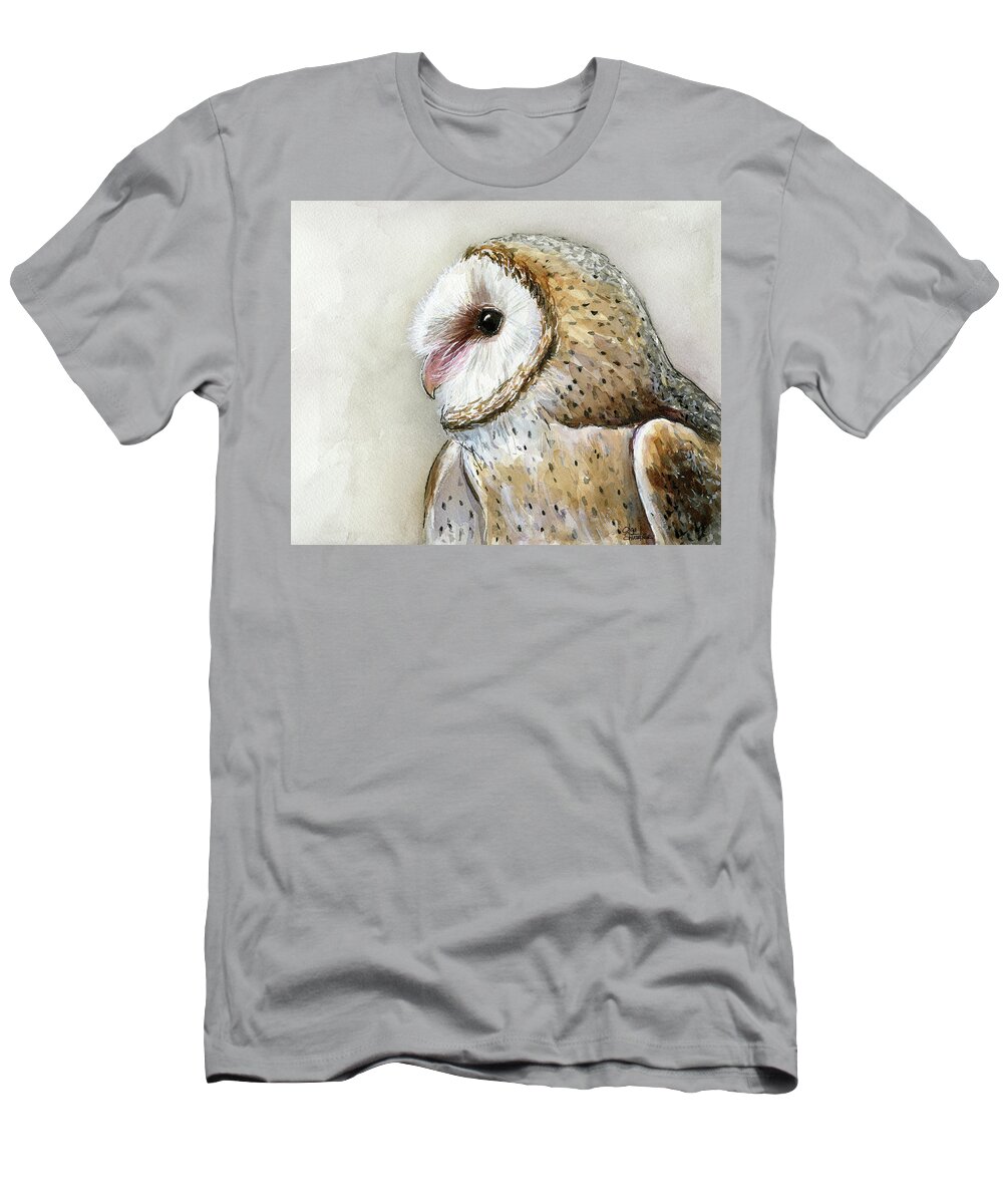Owl T-Shirt featuring the painting Barn Owl Watercolor by Olga Shvartsur