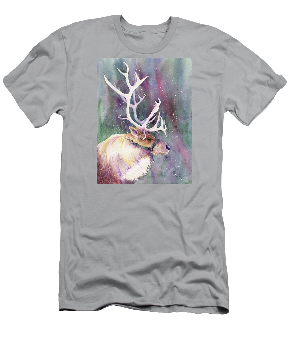 Reindeer T-Shirt featuring the painting Basking in the Lights by Lori Taylor