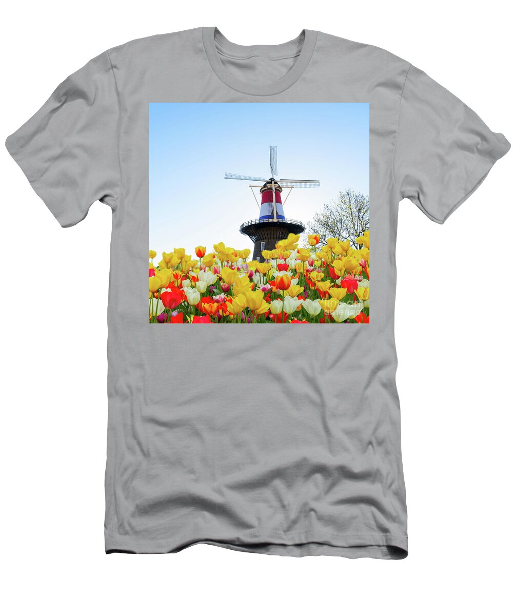 Amsterdam T-Shirt featuring the photograph Dutch Windmill with Netherlands Flag by Anastasy Yarmolovich
