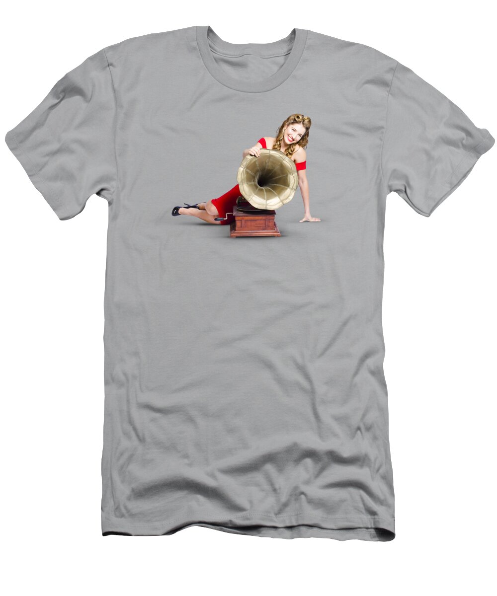 Music T-Shirt featuring the photograph Beautiful pinup woman listening to old gramophone by Jorgo Photography