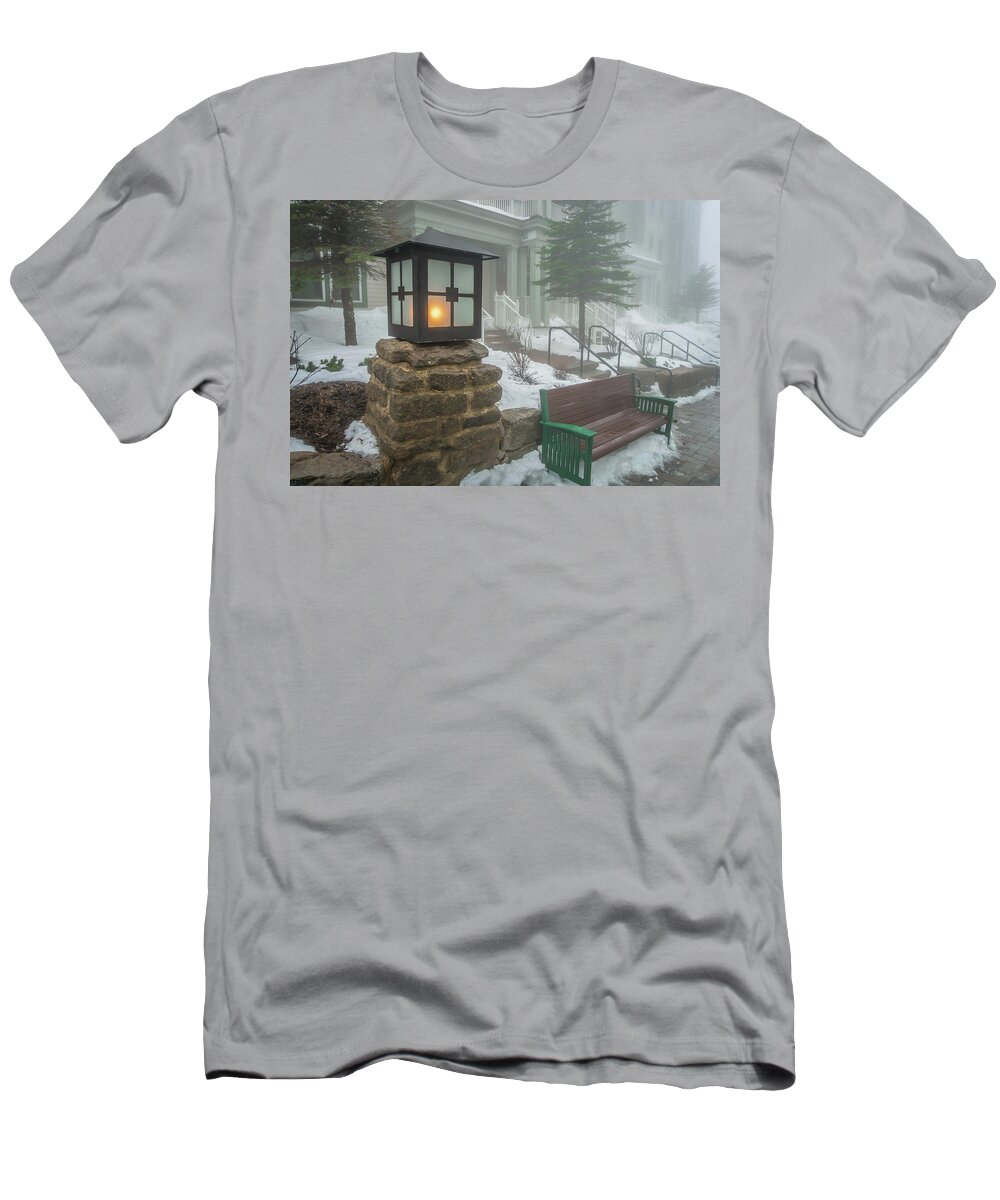 Foggy T-Shirt featuring the photograph Beautiful street of american town village in mountains in winter by Alex Grichenko
