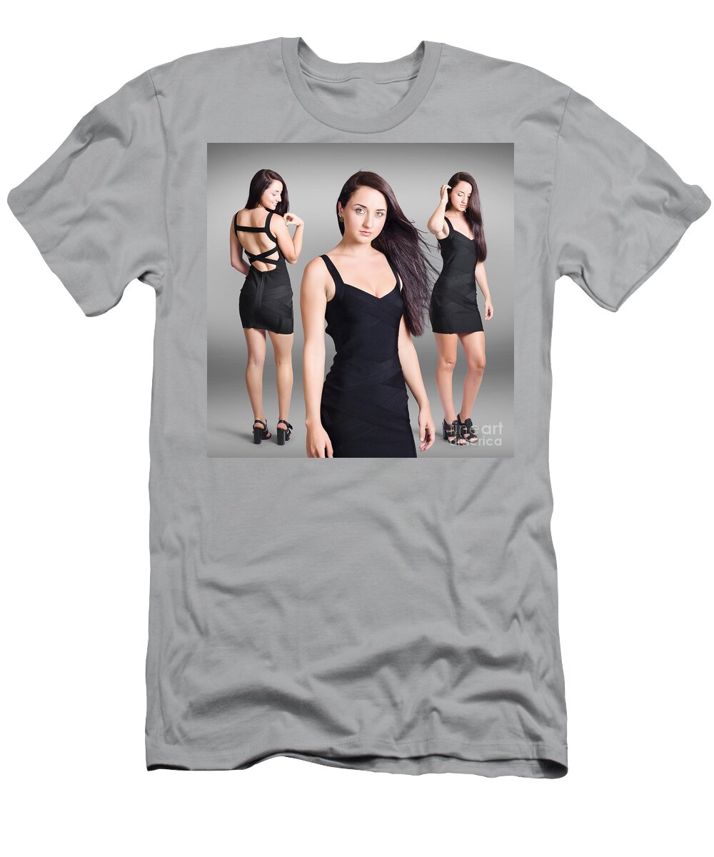 Fashion T-Shirt featuring the photograph Beautiful young woman showcasing black dress by Jorgo Photography