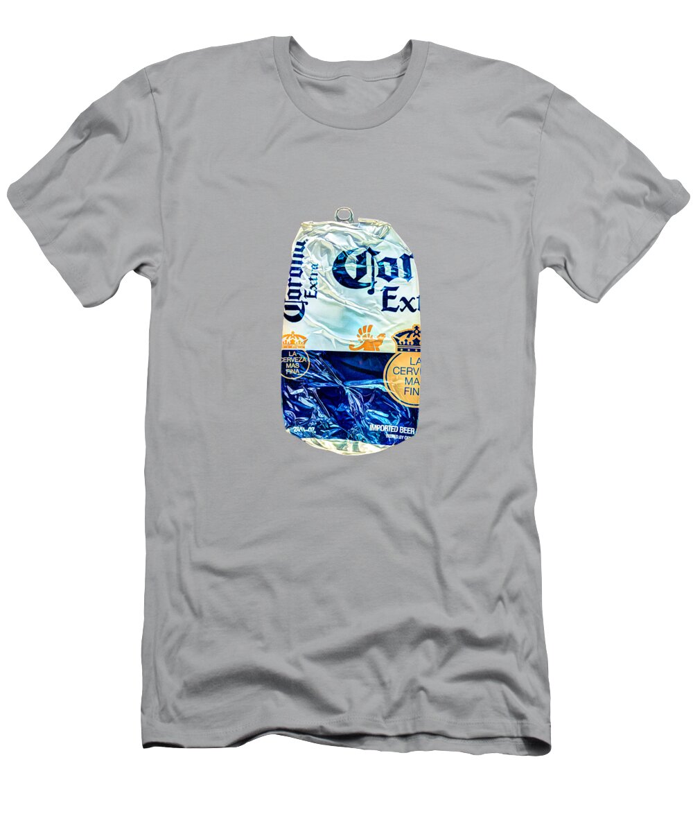 Beer Can T-Shirt featuring the photograph Beer Can Extra Blue Crushed on BW Plywood 81 by YoPedro