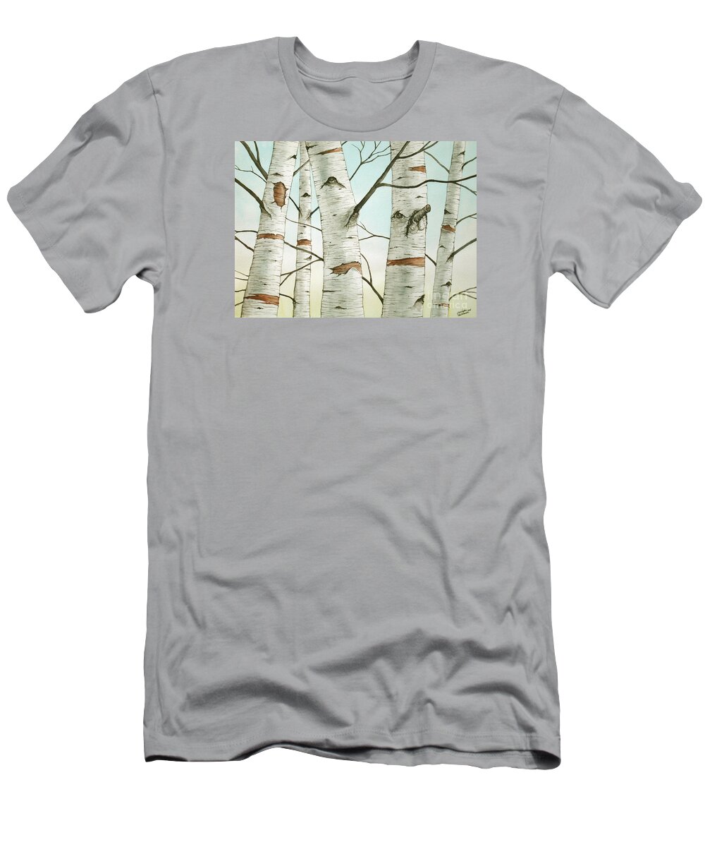 Birch Tree T-Shirt featuring the painting Birch Trees in Late Autumn in watercolor by Christopher Shellhammer