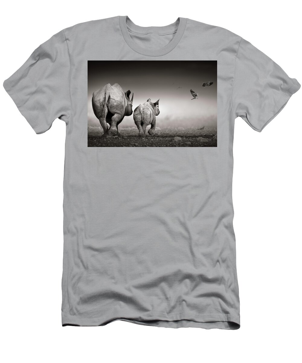 Rhinoceros T-Shirt featuring the photograph Black Rhino cow with calf by Johan Swanepoel