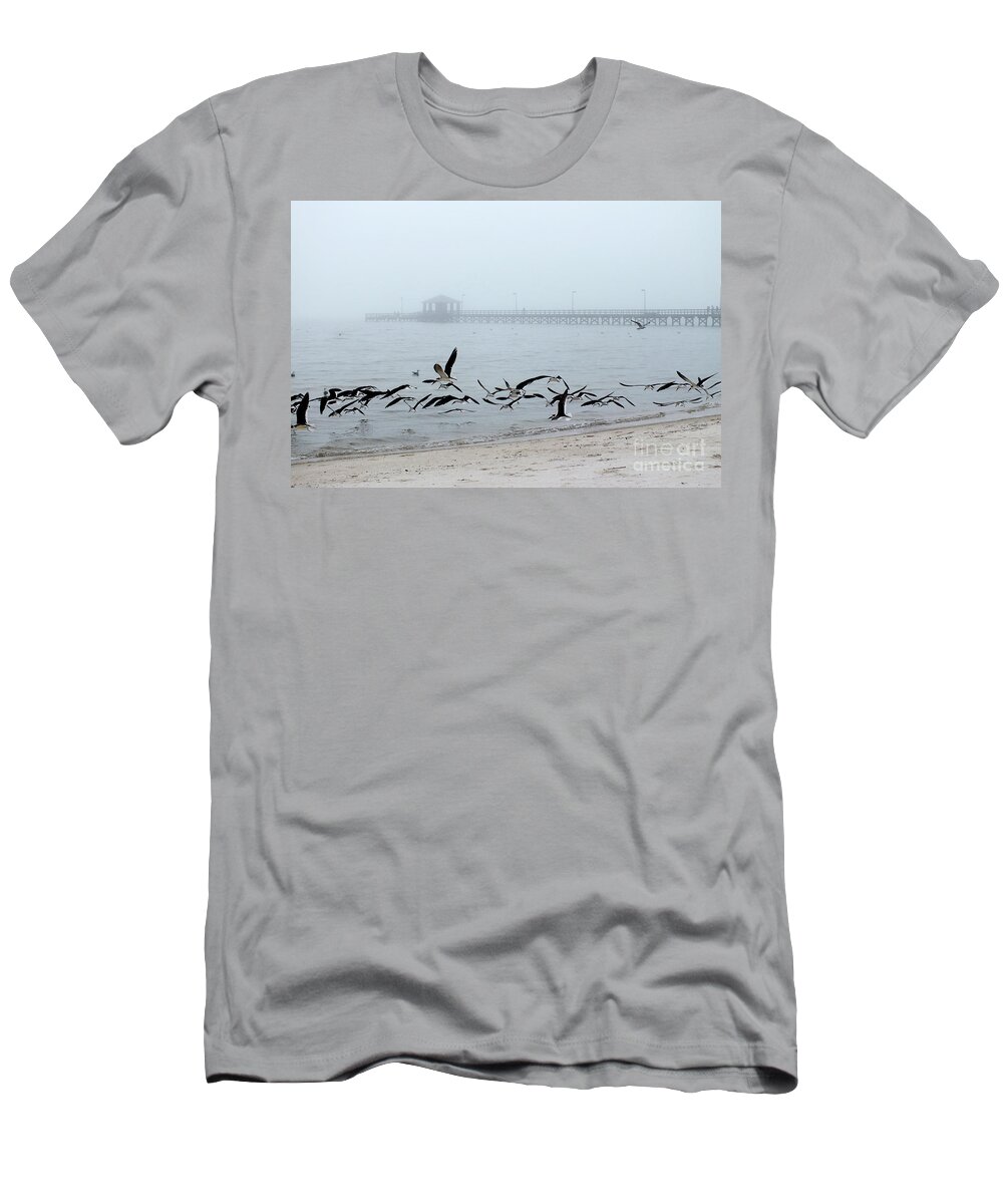 Shorebirds-flying Birds-at The Beach T-Shirt featuring the photograph Black Skimmers - Biloxi Mississippi by Scott Cameron