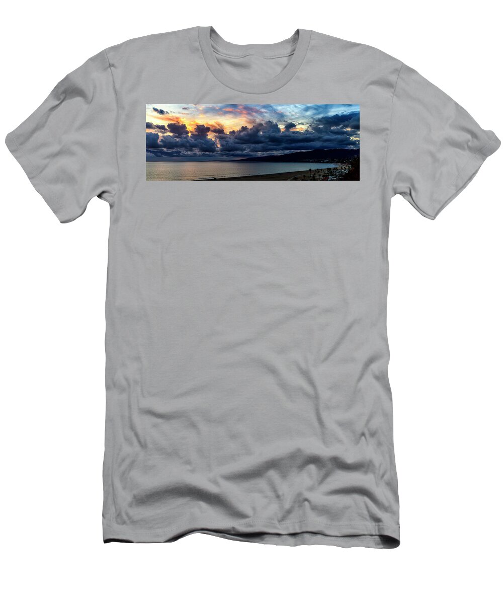 Santa Monica Bay Panorama T-Shirt featuring the photograph Blazing Sky At Sunset - Panorama by Gene Parks