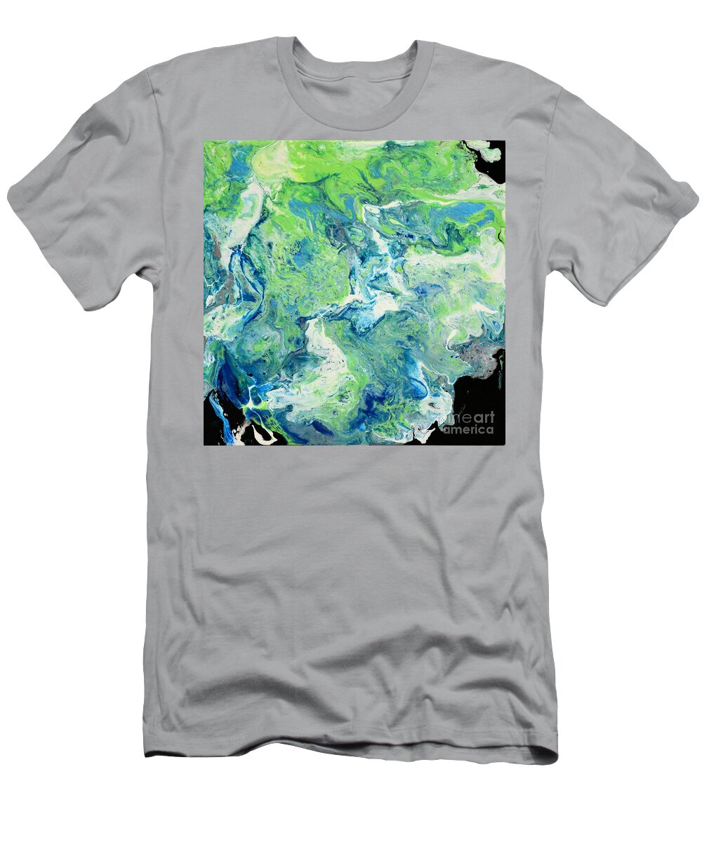 Green T-Shirt featuring the painting Blue and Green Vibrations by Shelly Tschupp