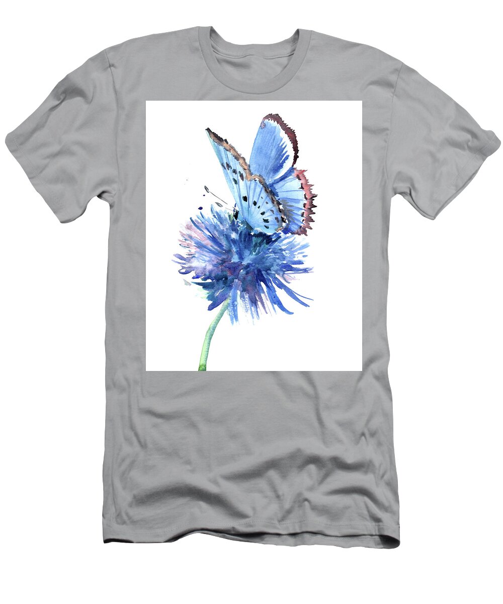 Butterfly T-Shirt featuring the painting Blue Butterfly and Blue Flower by Suren Nersisyan