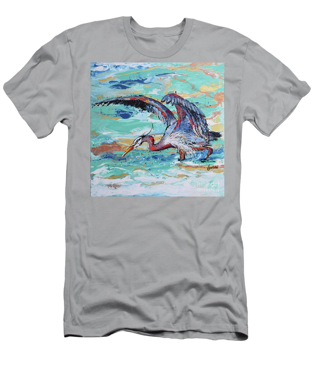 Great Blue Heron T-Shirt featuring the painting Blue Heron Hunting by Jyotika Shroff