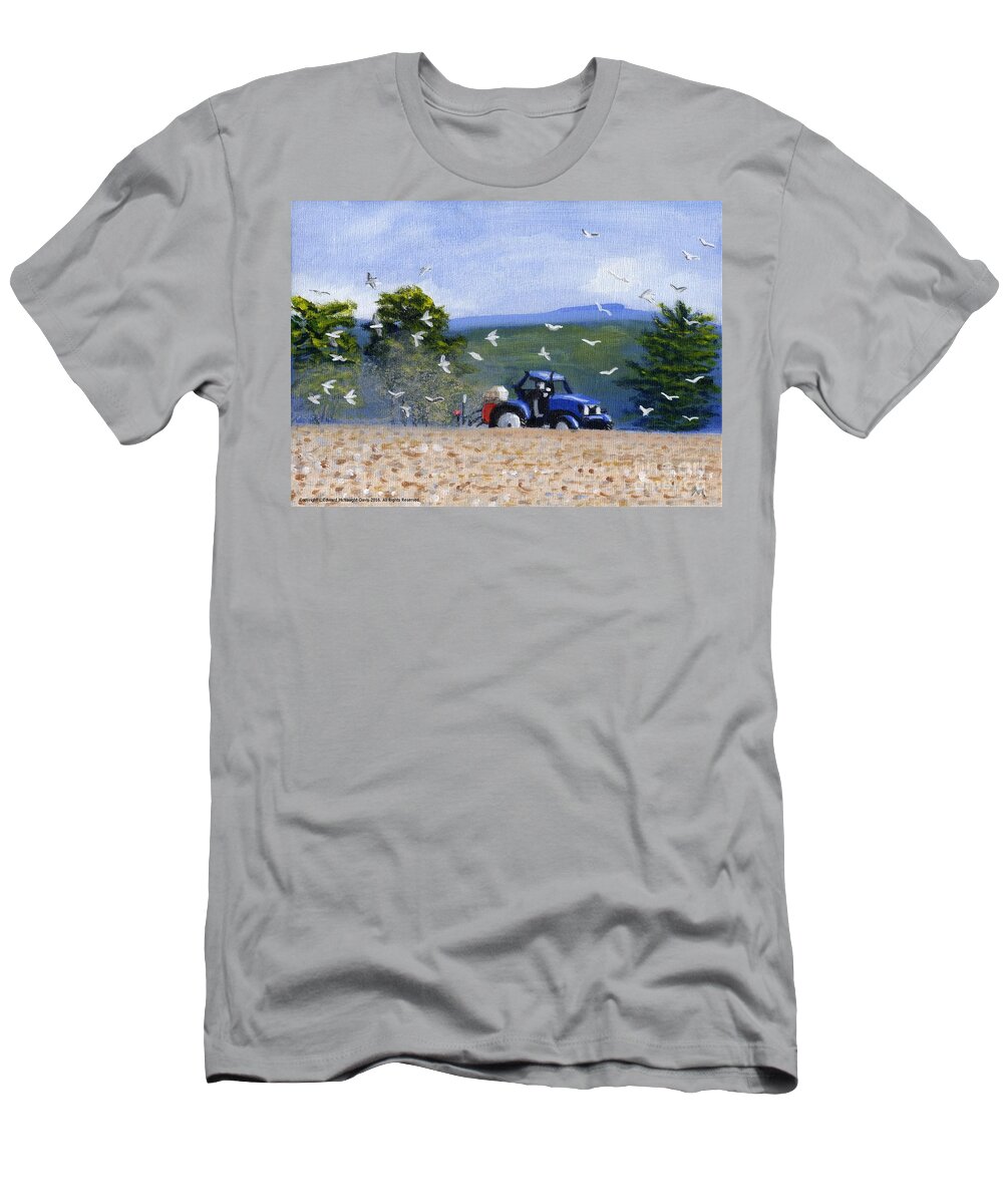 Blue Tractor T-Shirt featuring the painting Painting Blue Tractor Ploughing Field Lampeter Ceredigion Wales by Edward McNaught-Davis