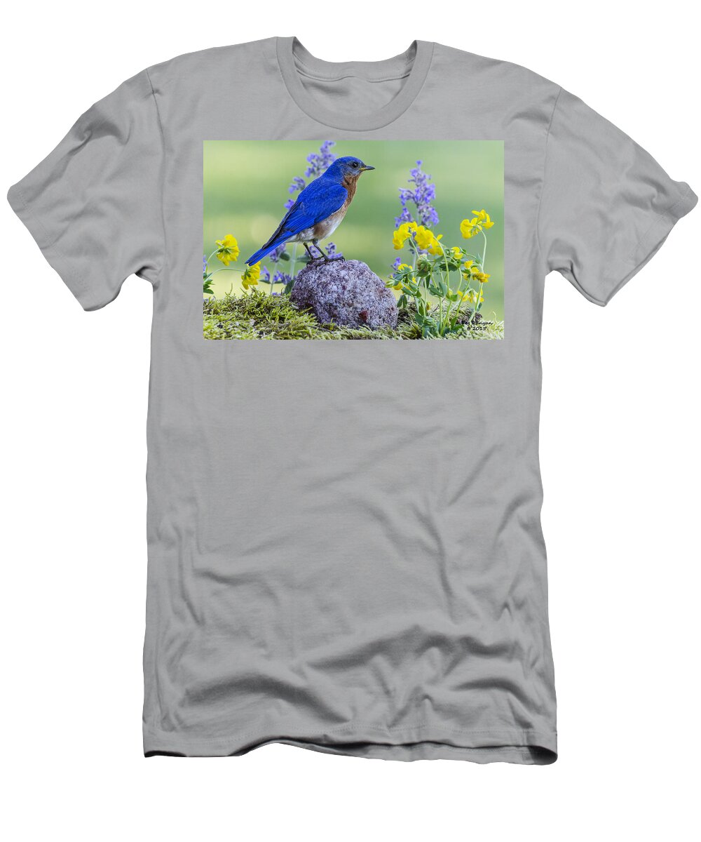 Bird T-Shirt featuring the photograph Bluebird Amongst the Flowers by Peg Runyan