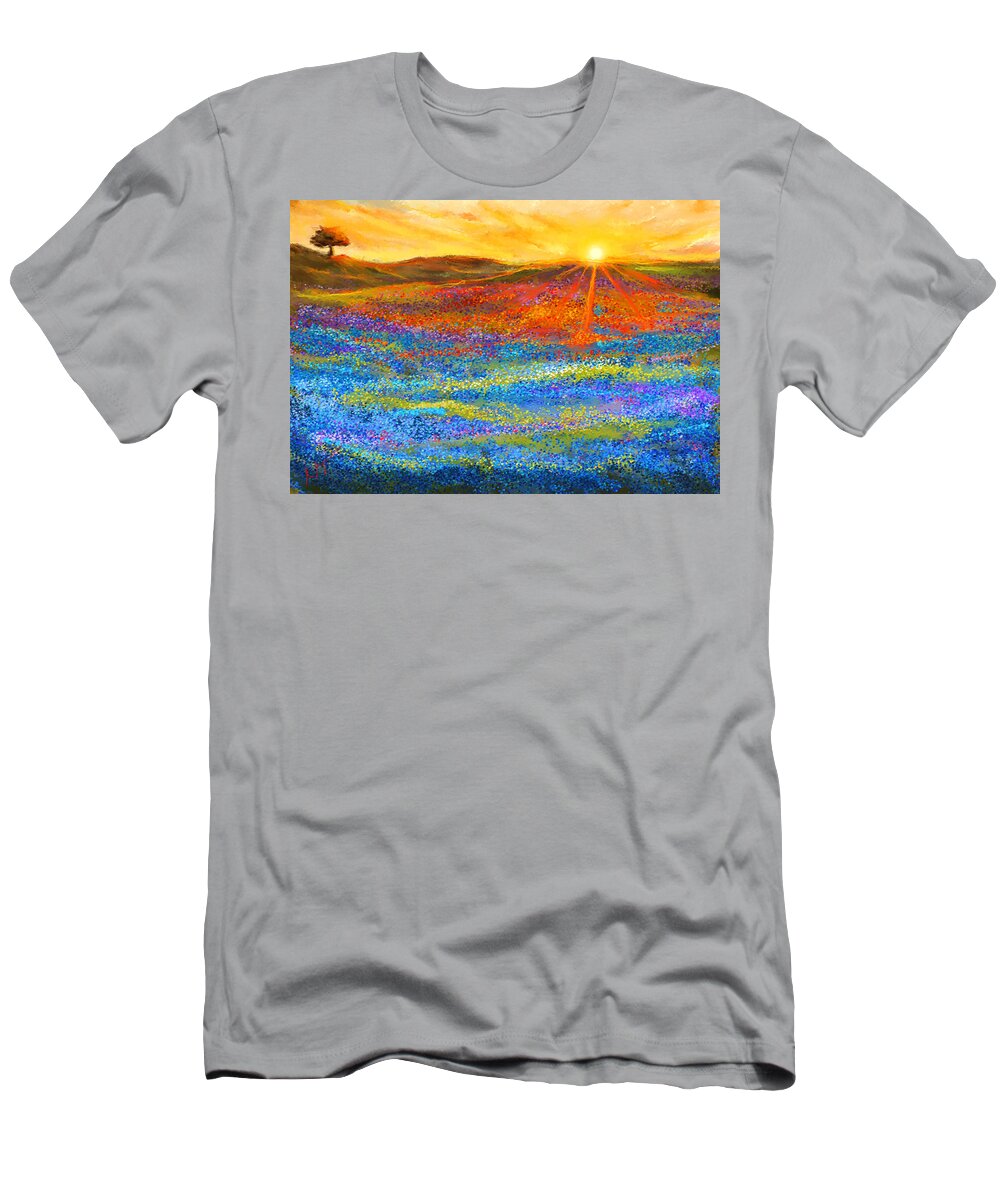 Bluebonnet T-Shirt featuring the painting Bluebonnet Horizon - Bluebonnet Field Sunset by Lourry Legarde